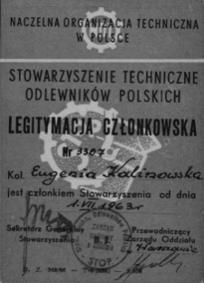 Legitymacja członkowska Stowarzyszenia Technicznego Odlewników Polskich należąca do Eugenii Kalinowskiej, Białystok, 1967 r.
