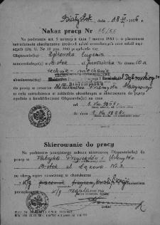 Nakaz i skierowanie do pracy w Fabryce Przyrządów i Uchwytów wystawione przez Technikum Mechaniczne Ministerstwa Przemysłu Drobnego i Rzemiosła, Białystok, 18 czerwca 1956 r.