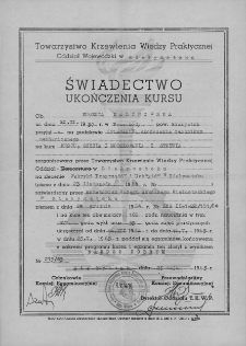Świadectwo ukończenia kursu "Kroju, szycia i modelowania I stopnia", Białystok, 25 maja 1965 r.