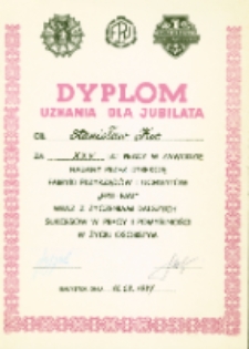 Dyplom z okazji XXV lat pracy nadany dla Stanisława Koca przez Fabrykę Przyrządów i Uchwytów, Białystok, 11 września 1987 r.