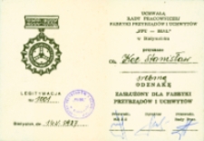 Legitymacja nadana dla Stanisława Koca przez Fabrykę Przyrządów i Uchwytów jako zasłużonego pracownika, Białystok, 14 maja 1987 r.
