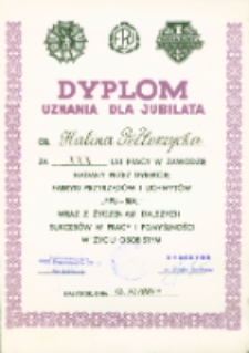 Dyplom uznania dla Haliny Półtorzyckiej za XXX lat pracy w Fabryce Przyrządów i Uchwytów, ul. Łąkowa 3, Białystok, 12 listopad 1984 r.