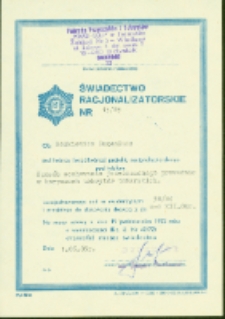 Świadectwo racjonalizatorskie Eugeniusza Rożkiewicza, ul. Łąkowa 3, Białystok, 1 czerwiec 1985 r.