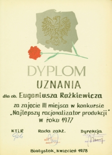Dyplom uznania dla Eugeniusza Rożkiewicza, Białystok, kwiecień 1978 r.