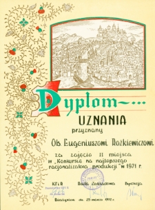 Dyplom uznania dla Eugeniusza Rożkiewicza, Białystok, 25 marca 1972 r.