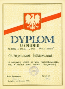 Dyplom uznania dla Eugeniusza Rożkiewicza, Białystok, 25 marca 1972 r.