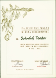 Dyplom potwierdzający wpisanie Teodora Sołowieja do księgi zasłużonych dla miasta Bialegostoku, Białystok, 22 lipca 1977 r.