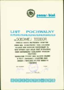 List pochwalny dla Teodora Sołowieja, Białystok, 28 kwiecień 1987 r.
