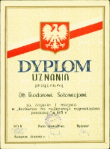 Dyplom dla Teodora Sołowieja za zajęcie I miejsca w konkursie na najlepszego racjonalizatora produkcji, Białystok, 25 marzec 1972 r.