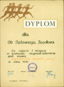 Dyplom dla Teodora Sołowieja za zajęcie I miejsca w konkursie "Poprawmy warunki pracy", Białystok, 25 marzec 1977 r.