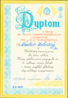 Dyplom dla Teodora Sołowieja z okazji 40-lecia Fabryki Przyrządów i Uchwytów, Białystok, 9 listopad 1988 r.