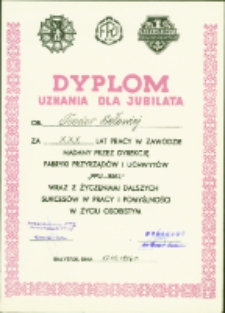 Dyplom za XXX lat pracy w Fabryce Przyrządów i Uchwytów dla Teodora Sołowieja, Białystok, 17 wrzesień 1986 r.