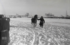 Portret mężczyzny z koniem w zimowej scenerii, druga połowa lat 70. XX w., fot. ze zbiorów Andrzej Trzcińskiego