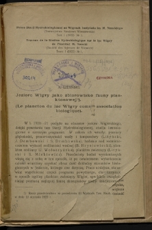 Wigry jako zbiorowisko fauny planktonowej = Le plancton du lac Wigry [comme] association biologique