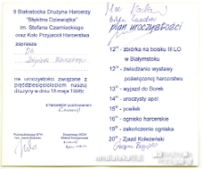 Zaproszenie na obchody pięćdziesięciolecia 9. Białostockiej Drużyny Harcerzy "Błękitna Dziewiątka" im. Stefana Czarnieckiego, Białystok, 18.05.1996