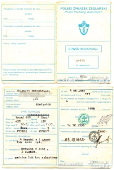 Dowód rejestracji łódki Okaz A-111, typ Karaś 450, Białystok, 4.06.1987