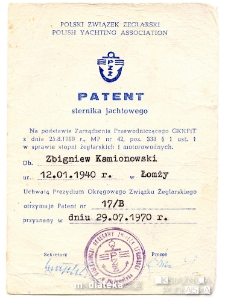 Patent sternika jachtowego Zbigniewa Kamionowskiego, Białystok, 29.07.1970
