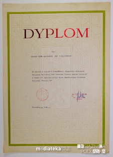Dyplom dla Zespołu Szkół Zawodowych PKP w Białymstoku za zajęcie I miejsca w klasyfikacji drużynowej eliminacji Okręgowej Centralnej DOKP ", Warszawa, maj 1985 r.