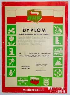 Dyplom Ochotniczemu Hufcowi Pracy Zespołu Szkół Zawodowych nr 8 w Białymstoku pracującemu w resorcie komunikacji za III miejsce w Wojewódzkim Współzawodnictwie o tytuł "Hufiec XX lecia OHP"