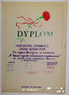 Dyplom za zajęcie VIII miejsca w konkursie "O lepsze wyniki nauczania i wychowania" dla Zespołu Szkół Zawodowych DRKP MK w Białymstoku