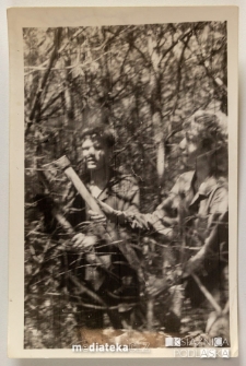 Dwóch nastolatków wśród krzaków z siekierą