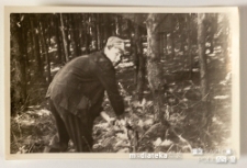 Młody chłopak wycinający krzak wśród drzew