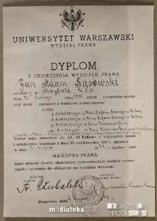 Dyplom ukończenia magisterskich studiów prawniczych dla Jana Adama Gąsowskiego, Uniwersytet Warszawski, Wydział Prawa, 6 lipca 1948 r.
