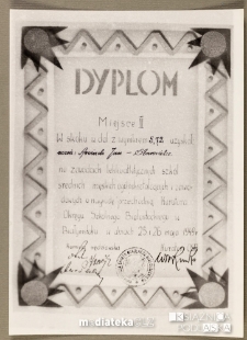 Dyplom za zajęcie III miejsca w skoku w dal dla ucznia Jana Arciucha na zawodach lekkoatletycznych szkół średnich męskich ogólnokształcących i zawodowych