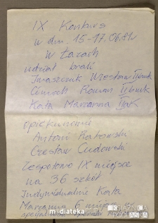 Notatka z wynikami w konkursie odbywającym się w Łazach