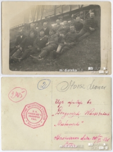 Zdjęcie grupowe przy pociągu podczas "Drogowych Warsztatów Kolejowych", most w Grajewie, 20 maja 1928 r.