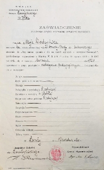 Zaświadczenie złożenia części egzaminu nauczycielskiego przez Marię Wodzyńską wydane przez Inspektora Szkolnego Okręgu Łomżyńskiego