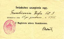 Świadectwo szczepiania przeciw ospie Zofii Frankiewicz