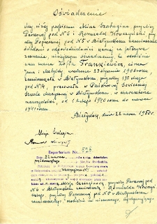 Oświadczenie o pracy Zofii Frankiewicz w Państwowej Szkole Muzycznej