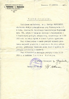 Zaświadczenie praktyki Jadwigi Frankiewicz