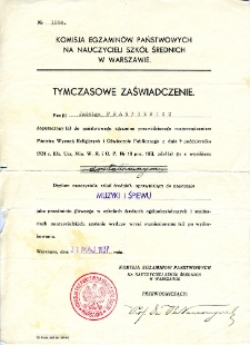 Tymczasowe zaświadczenie posiadania przez Jadwigę Frankieiwcz praw do nauczania muzyki