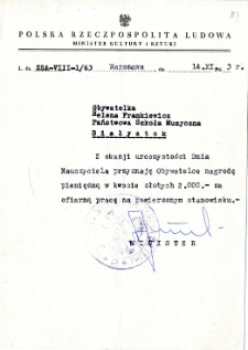 Podziękowanie dla Heleny Frankiewicz z okazji Dnia Nauczyciela