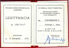 Legitymacja Złotego Krzyża Zasługi przyznanego Jadwidze Frankiewicz