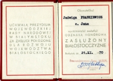 Legitymacja odznaki Zasłużony Białostocczyźnie przyznanej Jadwidze Frankiewicz