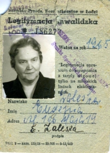 Legitymacja inwalidzka Eugenii Zaleskiej