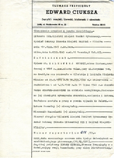 Zaświadczenie o pracy Eugenii Zaleskiej w Wileńskim Szpitalu Miejskim