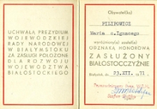 Legitymacja odznaki honorowej Zasłużony Białostocczyźnie Marii Filipowicz