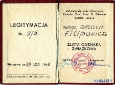 Legitymacja złotej odznaki związkowej Marii Filipowicz