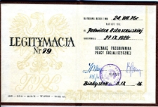 Legitymacja Przodownika Pracy Socjalistycznej Jadwigi Ostaszewskiej