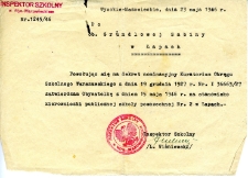 Pismo zatwierdzające stanowisko Sabiny Grundl w szkole w Łapach