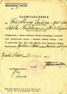 Zaświadczenie o zdaniu przez Sabinę Grundl egzaminu z zakresu samokształcenia ideologicznego