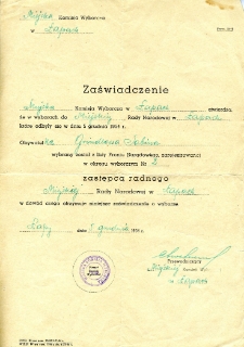 Zaświadczenie o pełnieniu przez Sabinę Grundl funkcji zastępcy radnego Miejskiej Komisji Wyborczej