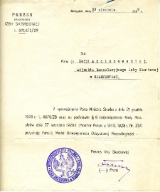 Pismo w sprawie przyznania Zofii Arciszewskiej Medalu Dziesięciolecia Odzyskanej Niepodległości