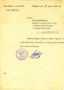 Pismo dotyczące przeniesienia Zofii Arciszewskiej na inne stanowisko