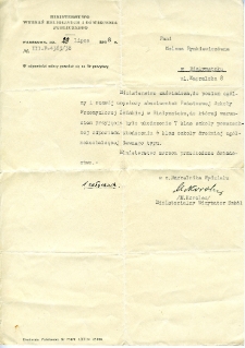 Pismo Ministerstwa Oświecenia Publicznego do Heleny Rynkiewicz