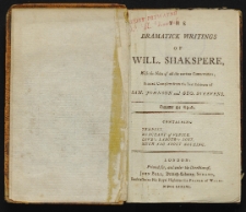 The dramatic writings containing : Tempest, Merchant of Venice, Love's labour's lost, Much ado about Nothing. T. 3